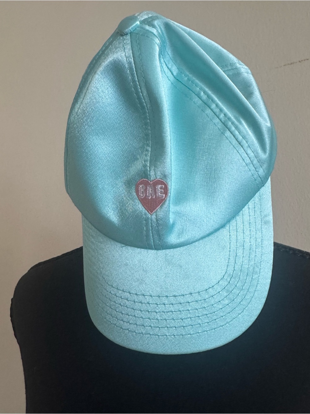 Satin Light Blue Baseball Cap with Pink Heart Accent